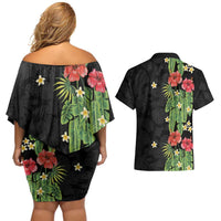 Hawaiian Hibiscus Plumeria Couples Matching Off Shoulder Short Dress and Hawaiian Shirt Tropical Leaves LT01 - Polynesian Pride