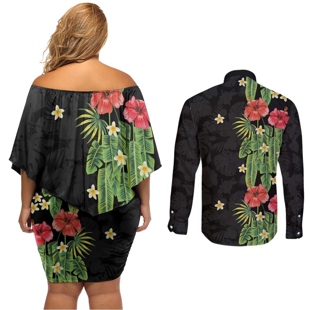 Hawaiian Hibiscus Plumeria Couples Matching Off Shoulder Short Dress and Long Sleeve Button Shirt Tropical Leaves LT01 - Polynesian Pride