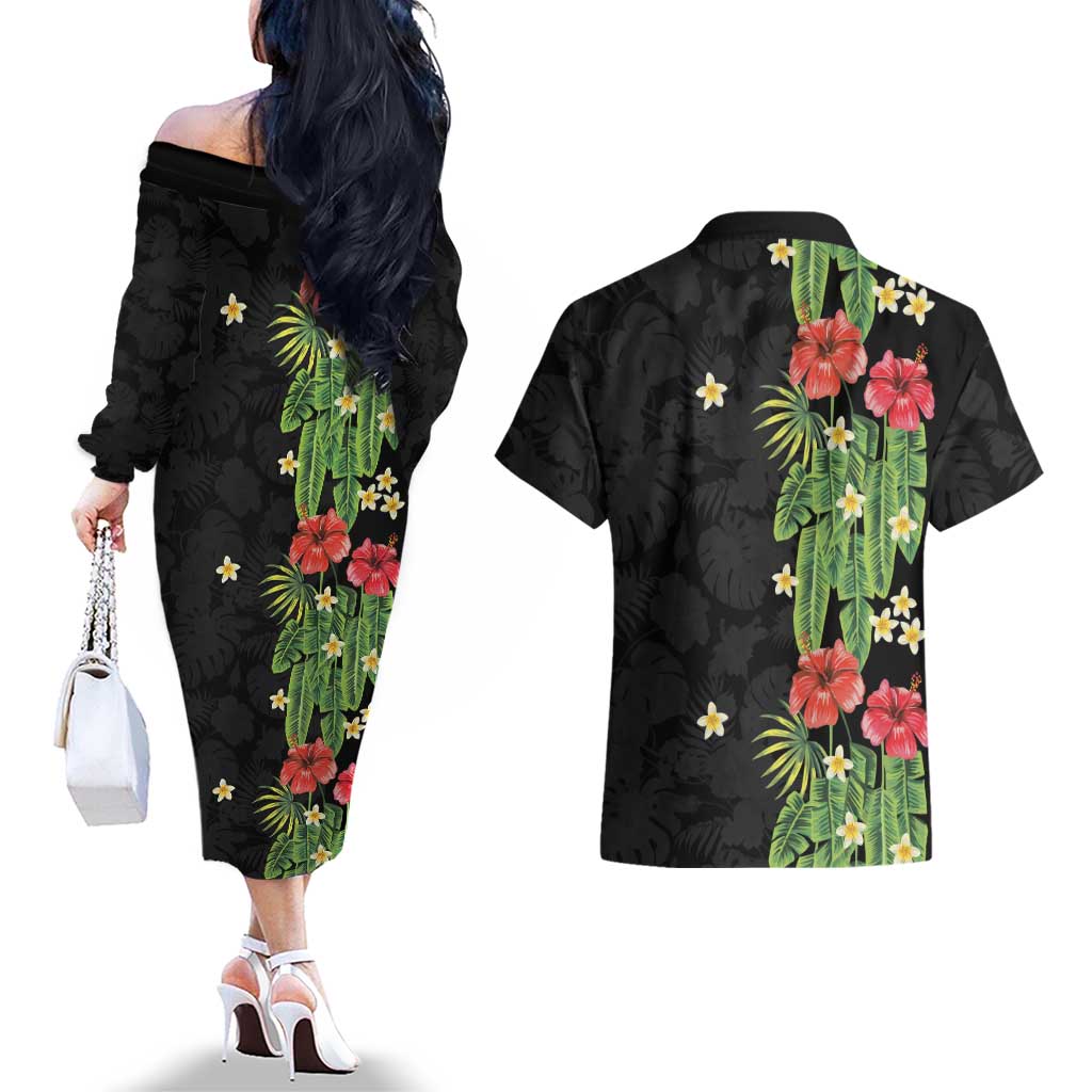 Hawaiian Hibiscus Plumeria Couples Matching Off The Shoulder Long Sleeve Dress and Hawaiian Shirt Tropical Leaves LT01 - Polynesian Pride