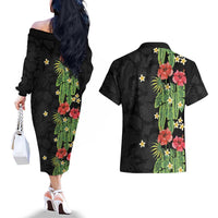 Hawaiian Hibiscus Plumeria Couples Matching Off The Shoulder Long Sleeve Dress and Hawaiian Shirt Tropical Leaves LT01 - Polynesian Pride
