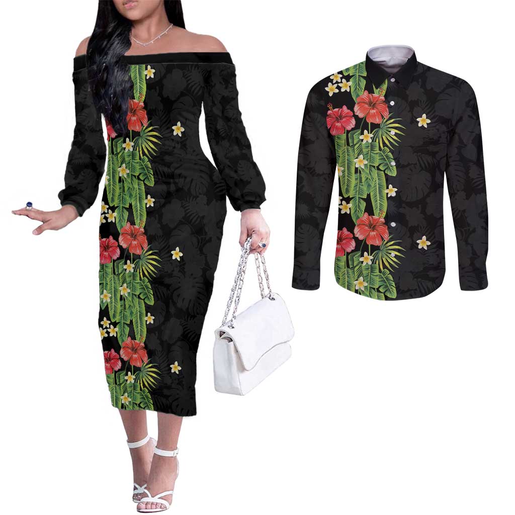 Hawaiian Hibiscus Plumeria Couples Matching Off The Shoulder Long Sleeve Dress and Long Sleeve Button Shirt Tropical Leaves
