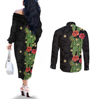 Hawaiian Hibiscus Plumeria Couples Matching Off The Shoulder Long Sleeve Dress and Long Sleeve Button Shirt Tropical Leaves LT01 - Polynesian Pride