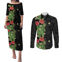 Hawaiian Hibiscus Plumeria Couples Matching Puletasi and Long Sleeve Button Shirt Tropical Leaves
