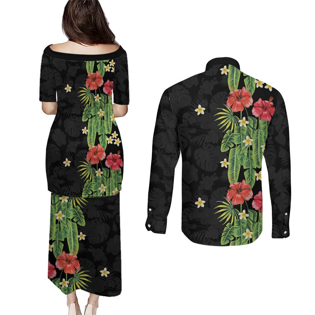 Hawaiian Hibiscus Plumeria Couples Matching Puletasi and Long Sleeve Button Shirt Tropical Leaves