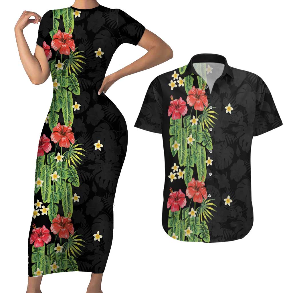 Hawaiian Hibiscus Plumeria Couples Matching Short Sleeve Bodycon Dress and Hawaiian Shirt Tropical Leaves