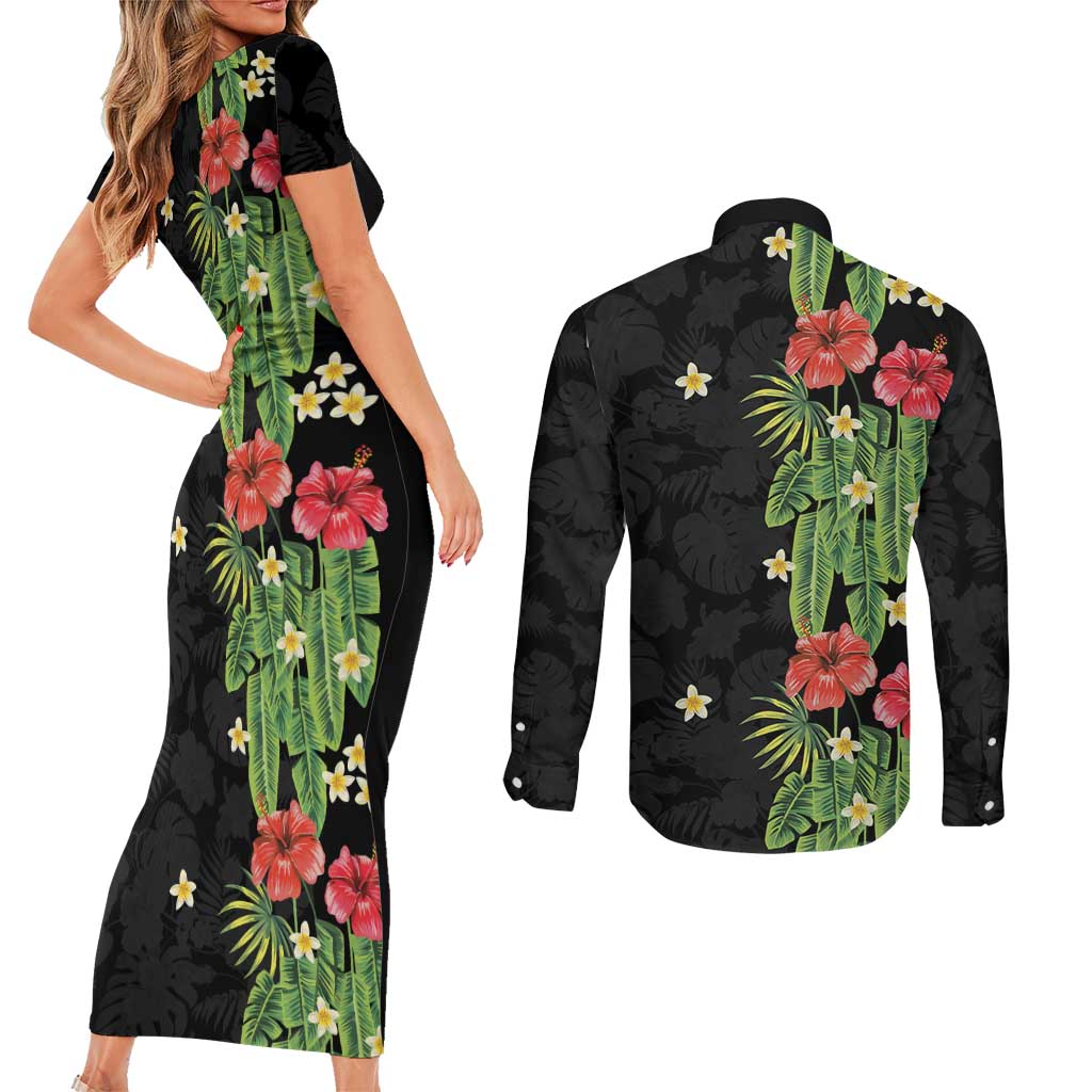Hawaiian Hibiscus Plumeria Couples Matching Short Sleeve Bodycon Dress and Long Sleeve Button Shirt Tropical Leaves LT01 - Polynesian Pride