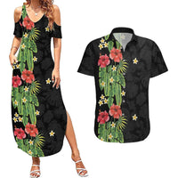 Hawaiian Hibiscus Plumeria Couples Matching Summer Maxi Dress and Hawaiian Shirt Tropical Leaves LT01 Black - Polynesian Pride