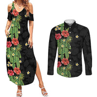 Hawaiian Hibiscus Plumeria Couples Matching Summer Maxi Dress and Long Sleeve Button Shirt Tropical Leaves LT01 Black - Polynesian Pride