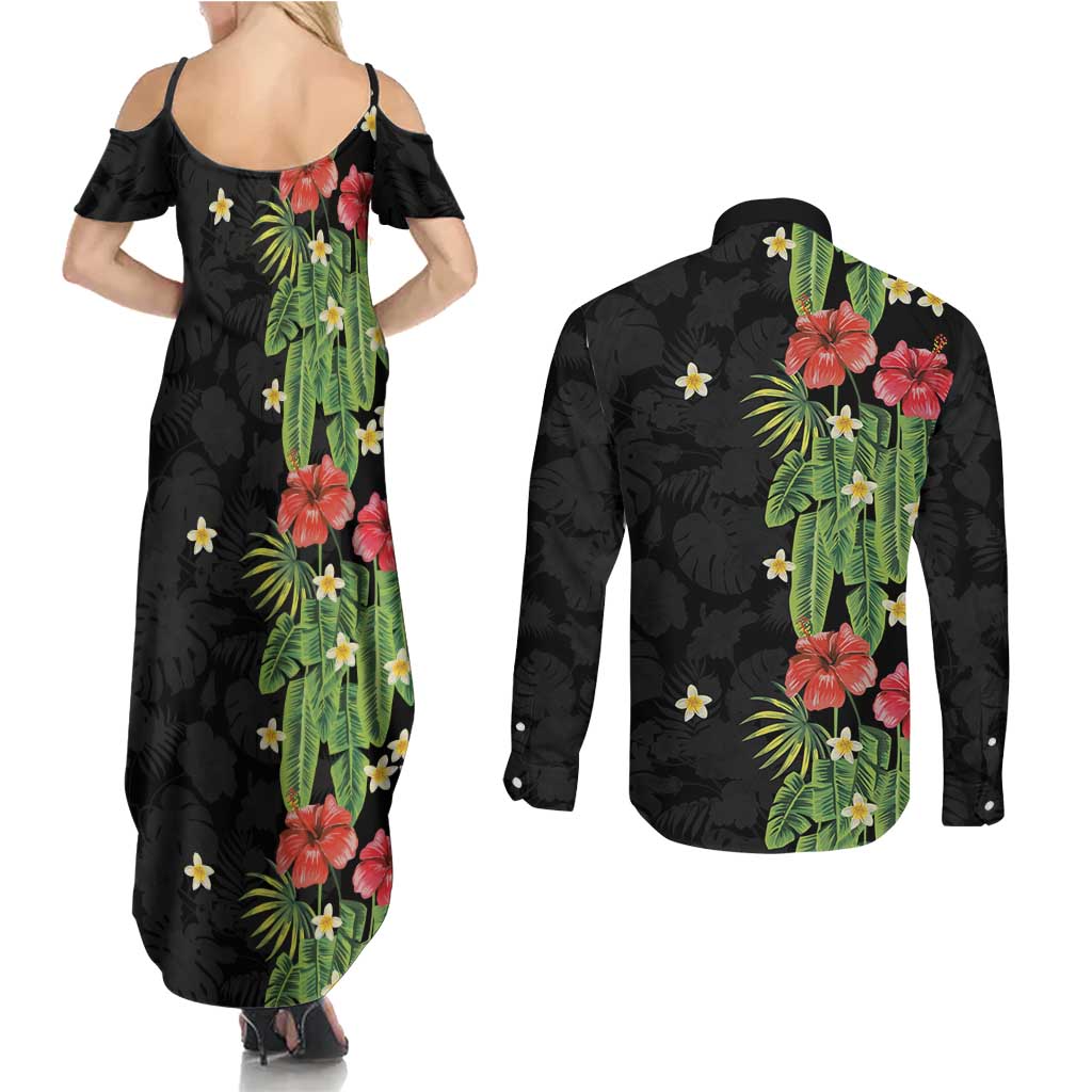 Hawaiian Hibiscus Plumeria Couples Matching Summer Maxi Dress and Long Sleeve Button Shirt Tropical Leaves LT01 - Polynesian Pride