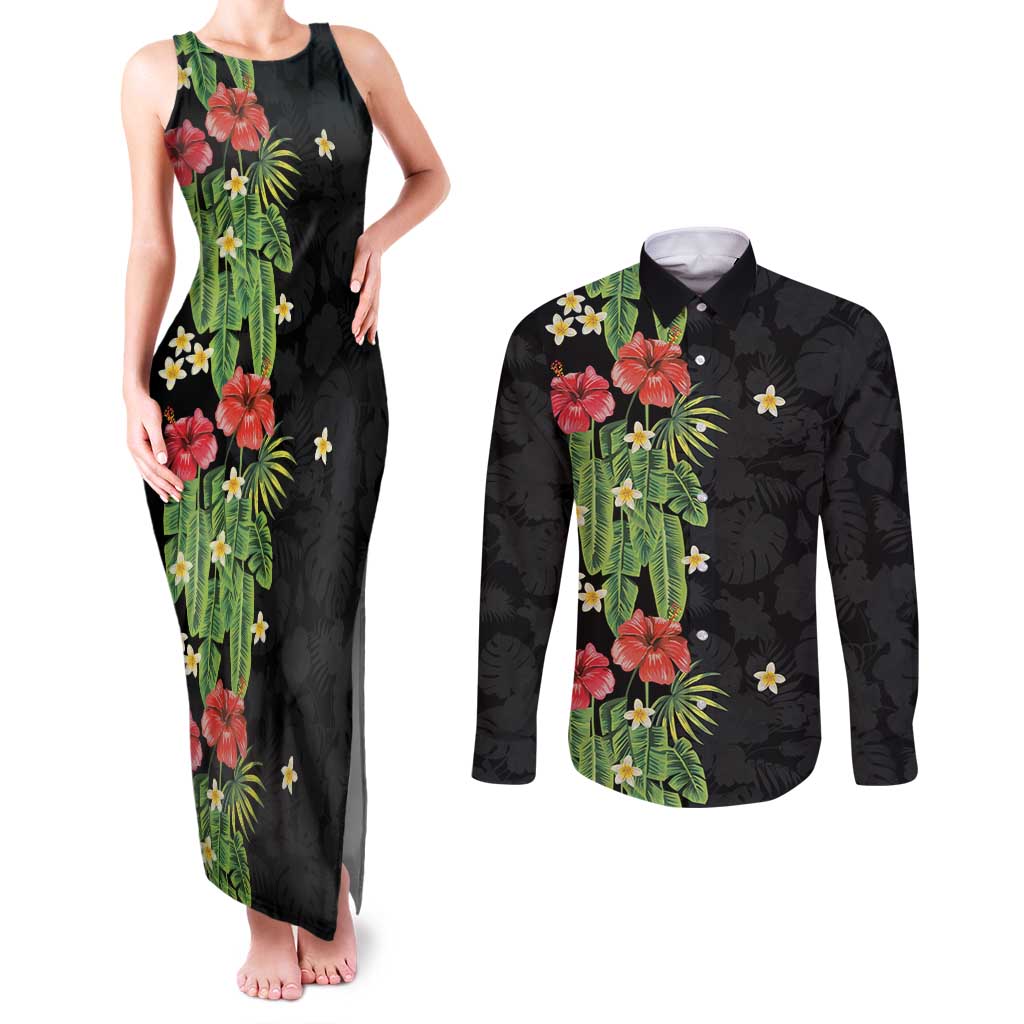Hawaiian Hibiscus Plumeria Couples Matching Tank Maxi Dress and Long Sleeve Button Shirt Tropical Leaves LT01 Black - Polynesian Pride