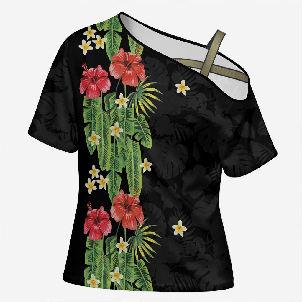 Hawaiian Hibiscus Plumeria Cross Shoulder Shirt Tropical Leaves