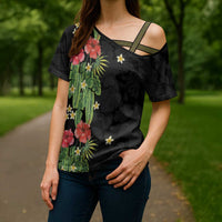 Hawaiian Hibiscus Plumeria Cross Shoulder Shirt Tropical Leaves