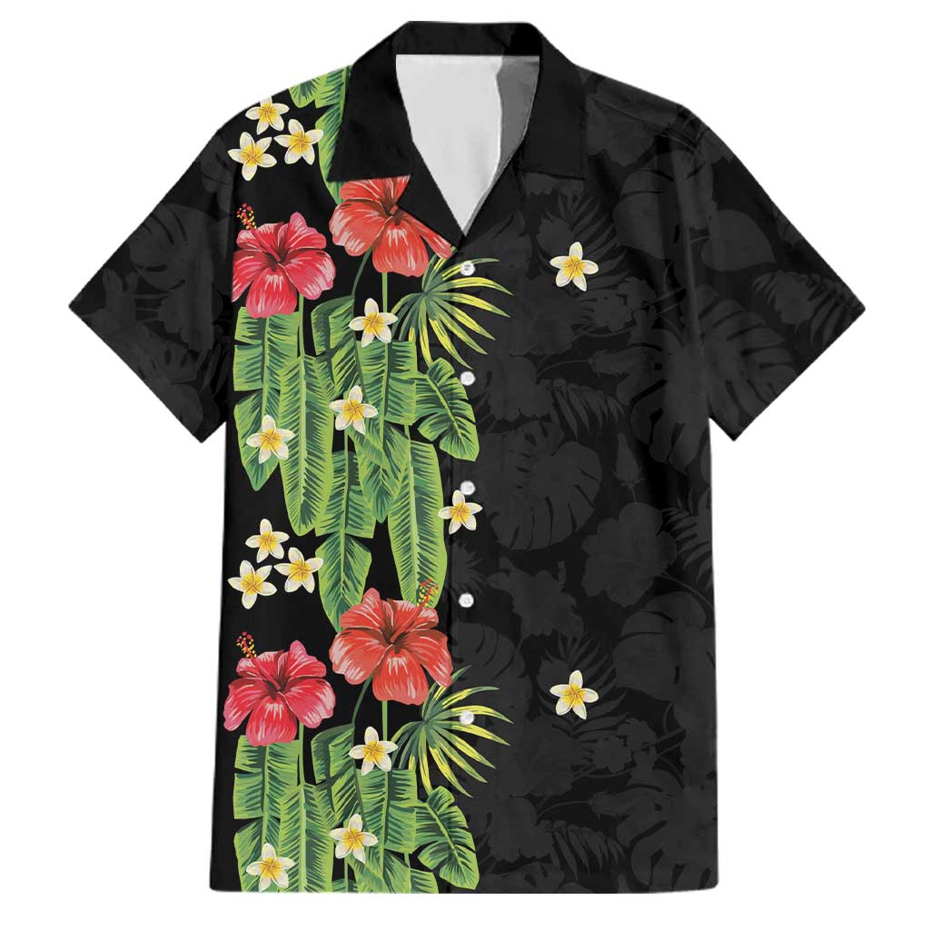 Hawaiian Hibiscus Plumeria Family Matching Mermaid Dress and Hawaiian Shirt Tropical Leaves LT01 Dad's Shirt - Short Sleeve Black - Polynesian Pride