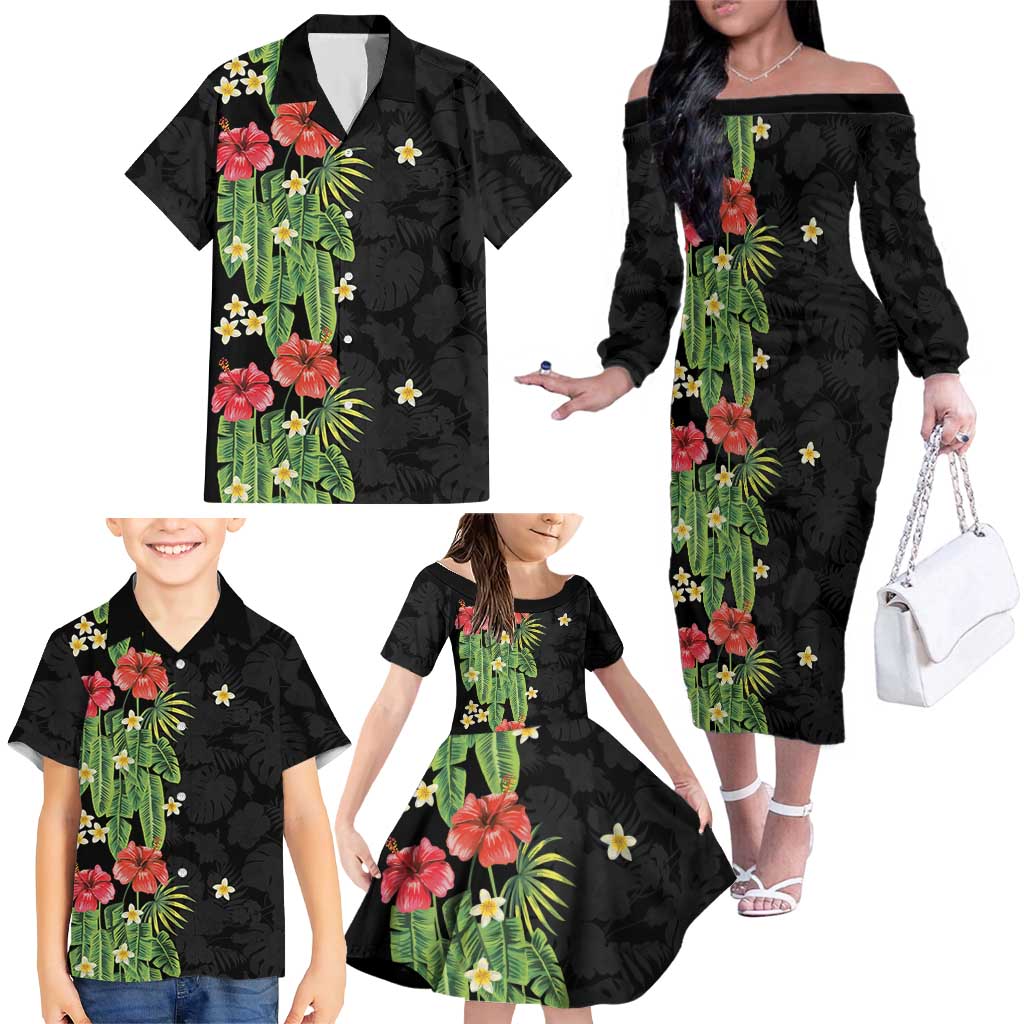 Hawaiian Hibiscus Plumeria Family Matching Off The Shoulder Long Sleeve Dress and Hawaiian Shirt Tropical Leaves LT01 - Polynesian Pride