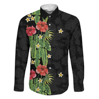 Hawaiian Hibiscus Plumeria Family Matching Off The Shoulder Long Sleeve Dress and Hawaiian Shirt Tropical Leaves LT01 Dad's Shirt - Long Sleeve Black - Polynesian Pride
