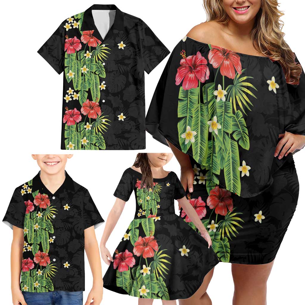 Hawaiian Hibiscus Plumeria Family Matching Off Shoulder Short Dress and Hawaiian Shirt Tropical Leaves