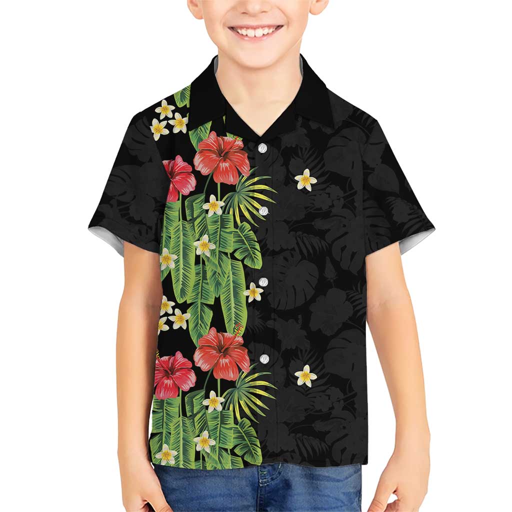 Hawaiian Hibiscus Plumeria Family Matching Off Shoulder Short Dress and Hawaiian Shirt Tropical Leaves LT01 Son's Shirt Black - Polynesian Pride