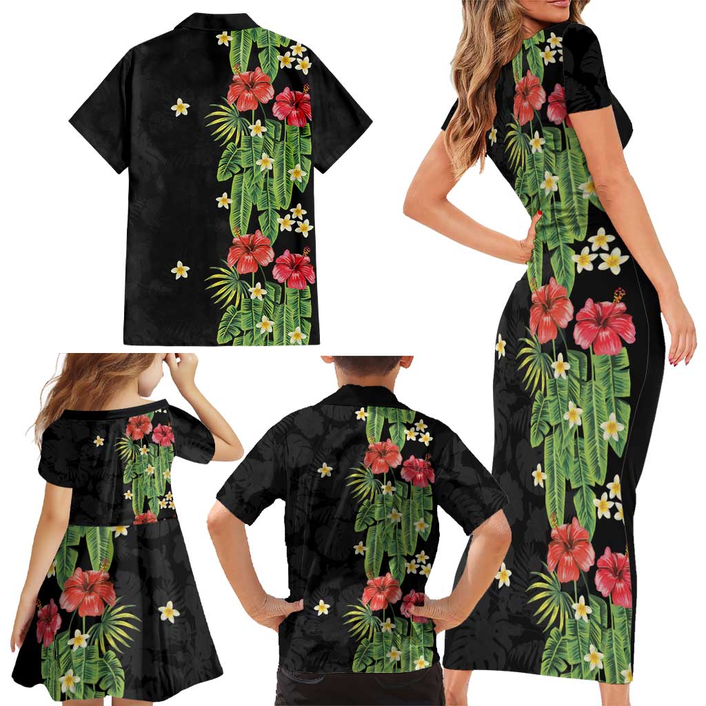 Hawaiian Hibiscus Plumeria Family Matching Short Sleeve Bodycon Dress and Hawaiian Shirt Tropical Leaves LT01 - Polynesian Pride