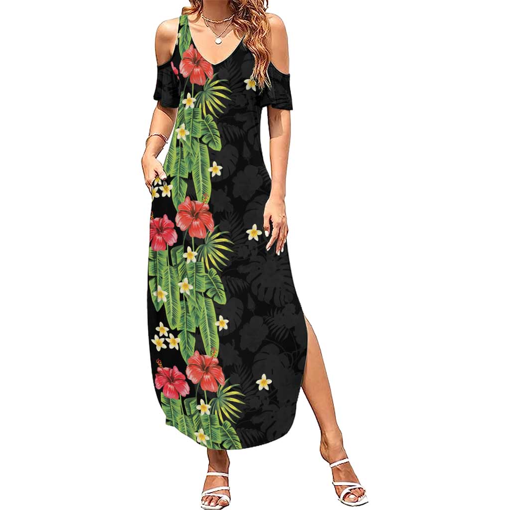 Hawaiian Hibiscus Plumeria Family Matching Summer Maxi Dress and Hawaiian Shirt Tropical Leaves LT01 Mom's Dress Black - Polynesian Pride