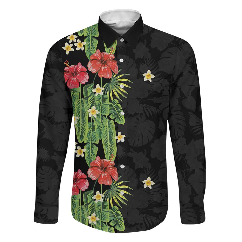 Hawaiian Hibiscus Plumeria Family Matching Tank Maxi Dress and Hawaiian Shirt Tropical Leaves LT01 Dad's Shirt - Long Sleeve Black - Polynesian Pride