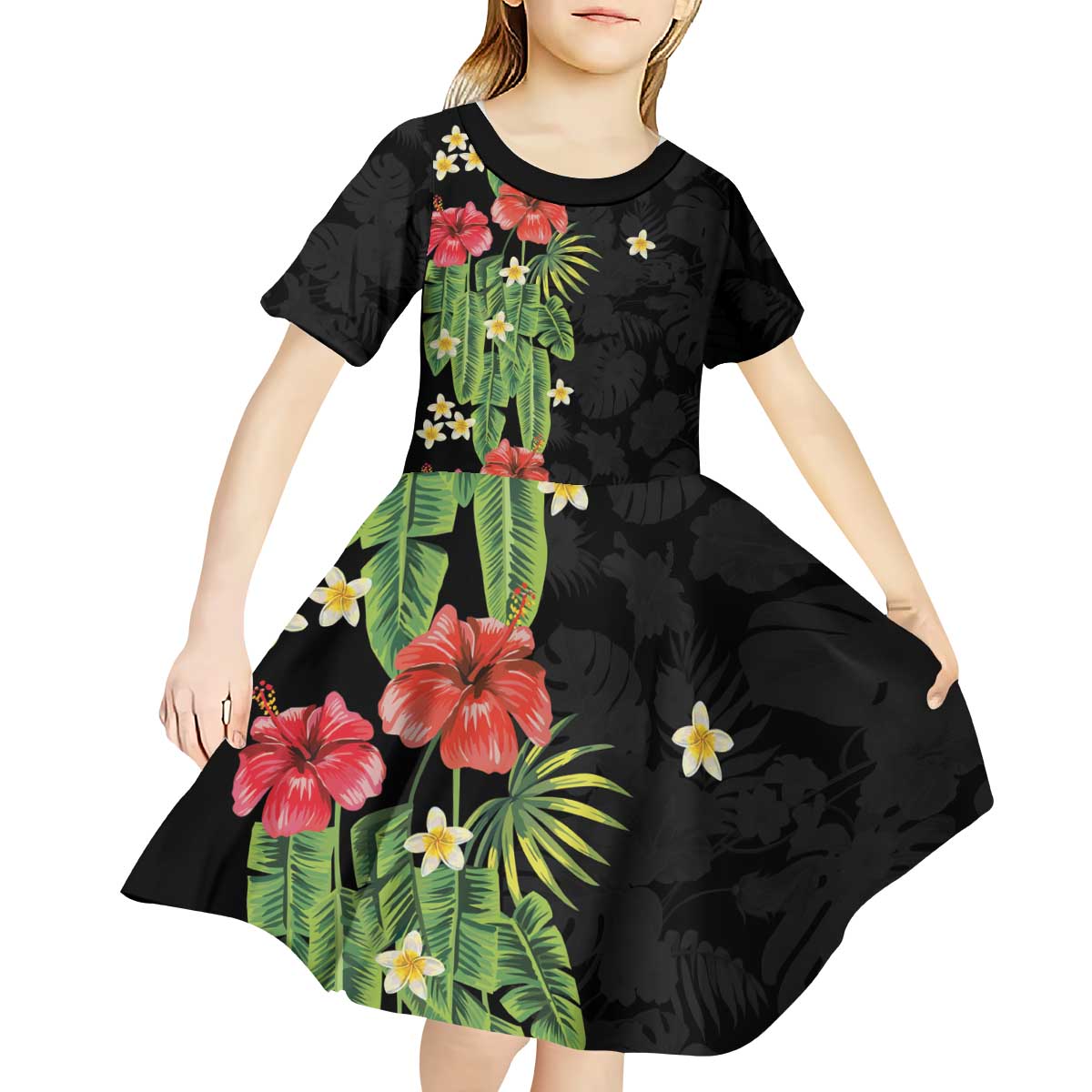 Hawaiian Hibiscus Plumeria Kid Short Sleeve Dress Tropical Leaves