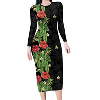 Hawaiian Hibiscus Plumeria Long Sleeve Bodycon Dress Tropical Leaves