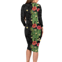 Hawaiian Hibiscus Plumeria Long Sleeve Bodycon Dress Tropical Leaves
