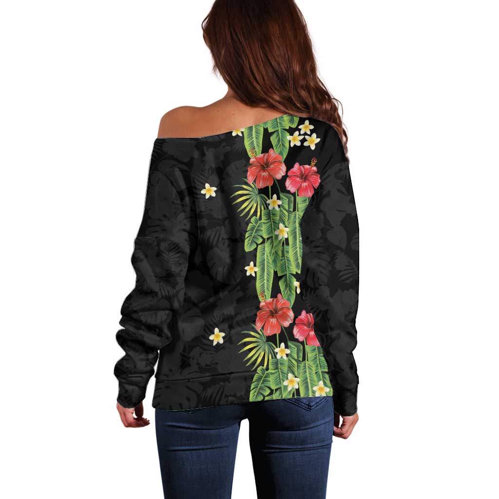 Hawaiian Hibiscus Plumeria Off Shoulder Sweater Tropical Leaves