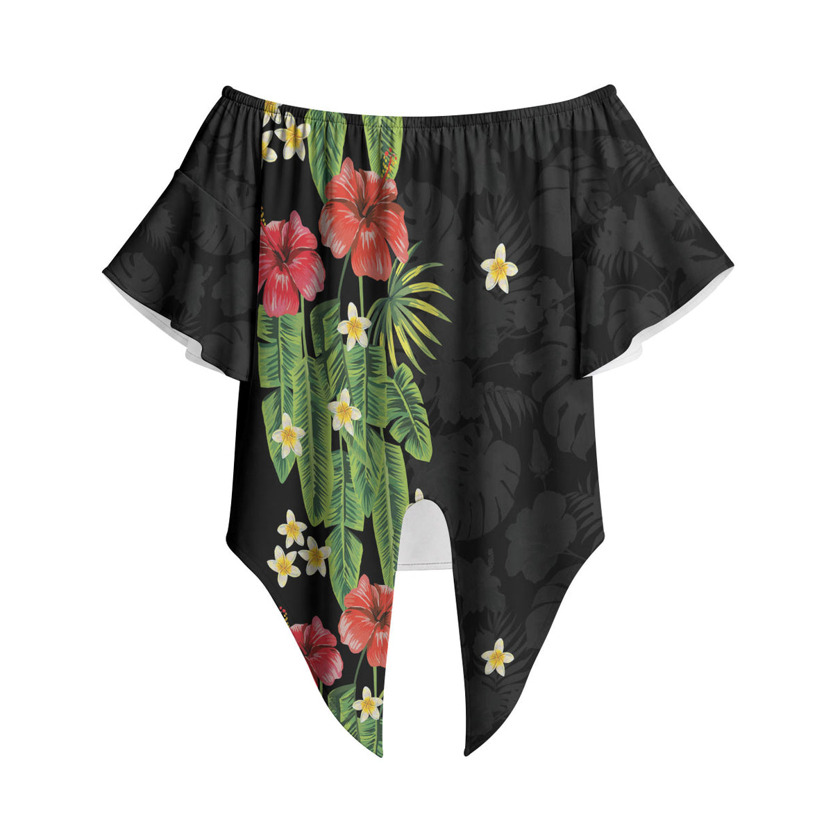 Hawaiian Hibiscus Plumeria Off Shoulder Wrap Waist Top Tropical Leaves LT01 Black - Polynesian Pride