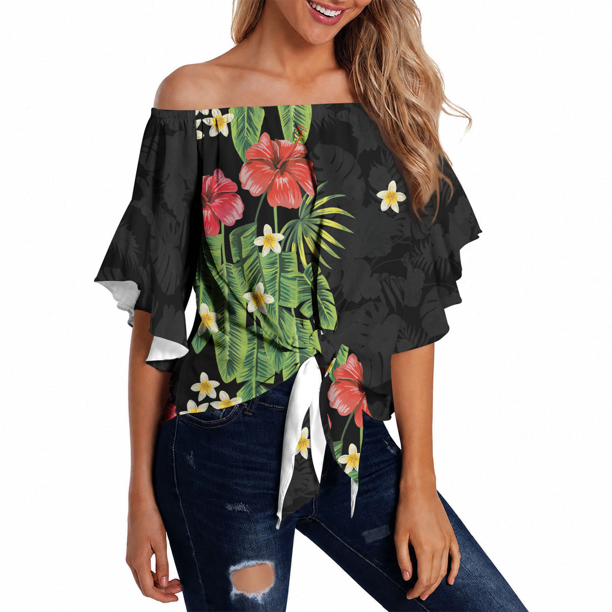 Hawaiian Hibiscus Plumeria Off Shoulder Wrap Waist Top Tropical Leaves LT01 - Polynesian Pride