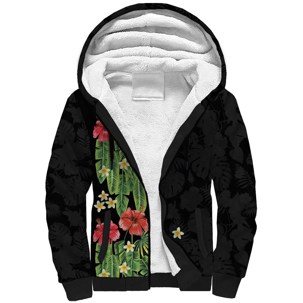 Hawaiian Hibiscus Plumeria Sherpa Hoodie Tropical Leaves LT01 Unisex Black - Polynesian Pride