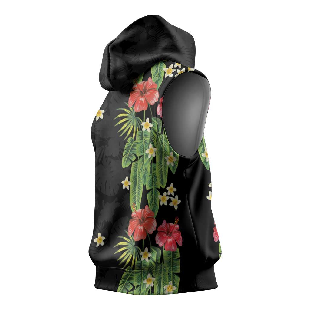 Hawaiian Hibiscus Plumeria Sleeveless Hoodie Tropical Leaves