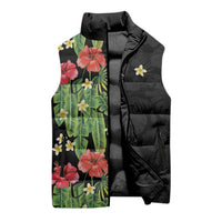 Hawaiian Hibiscus Plumeria Sleeveless Puffer Jacket Tropical Leaves