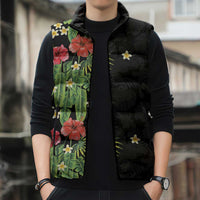 Hawaiian Hibiscus Plumeria Sleeveless Puffer Jacket Tropical Leaves