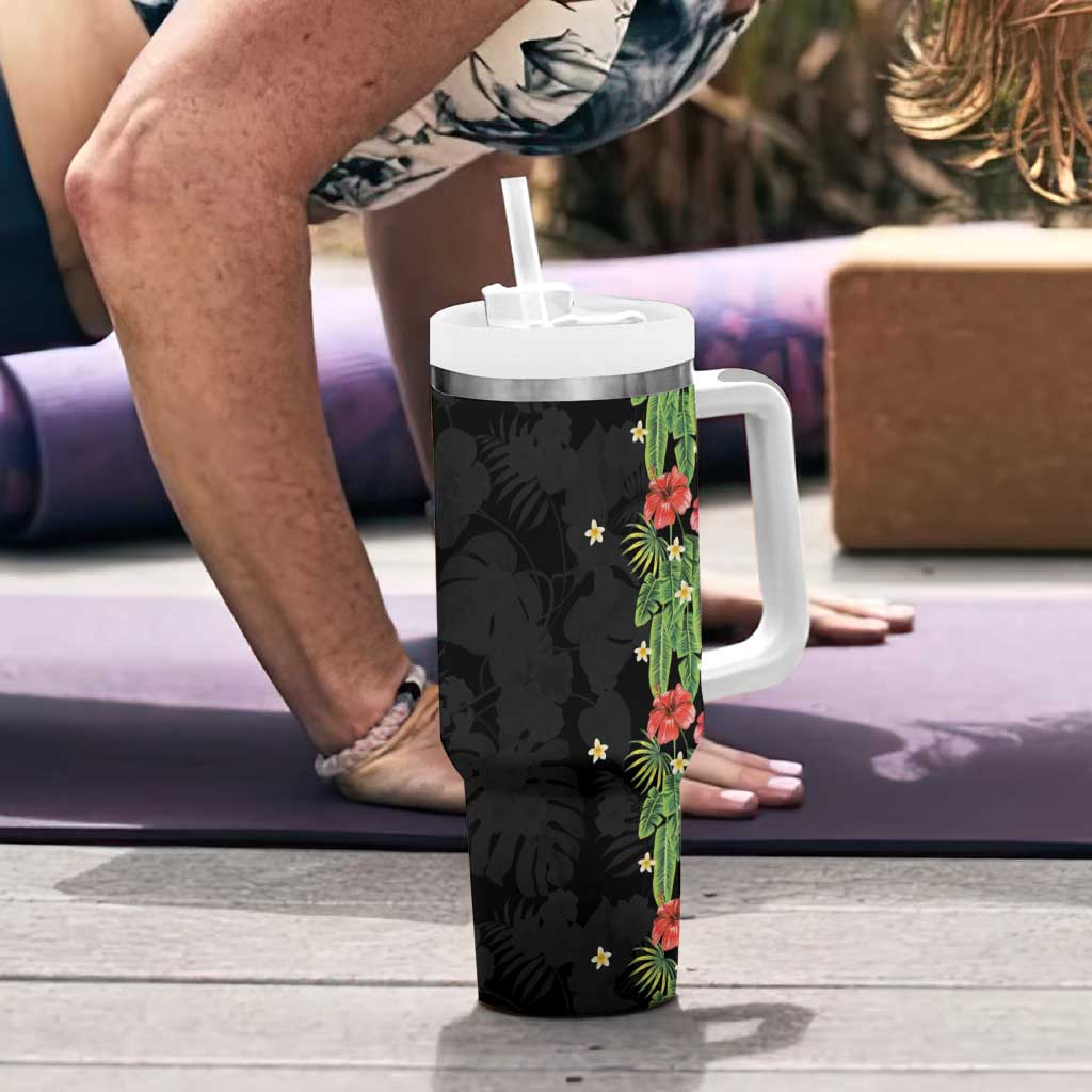 Hawaiian Hibiscus Plumeria Tumbler With Handle Tropical Leaves
