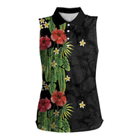 Hawaiian Hibiscus Plumeria Women Sleeveless Polo Shirt Tropical Leaves LT01 Female Black - Polynesian Pride