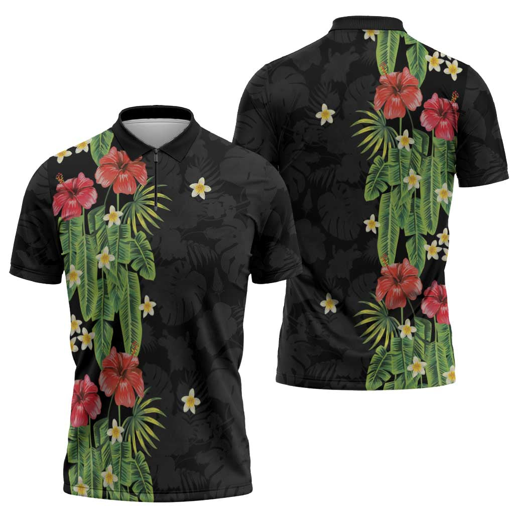 Hawaiian Hibiscus Plumeria Zipper Polo Shirt Tropical Leaves