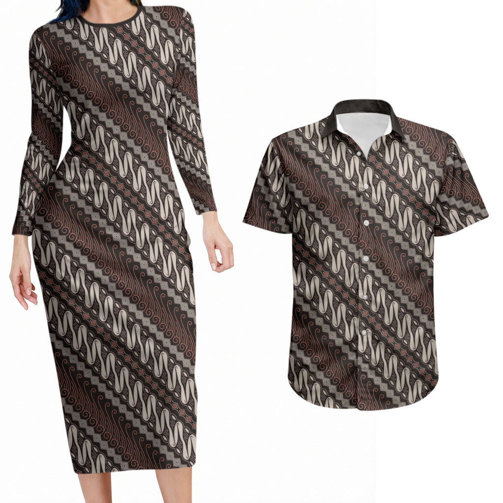 Yogyakarta Parang Batik Motifs Couples Matching Long Sleeve Bodycon Dress and Hawaiian Shirt Indonesian Traditional Pattern LT01 Brown - Polynesian Pride