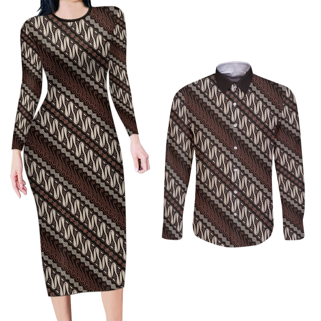 Yogyakarta Parang Batik Motifs Couples Matching Long Sleeve Bodycon Dress and Long Sleeve Button Shirt Indonesian Traditional Pattern LT01 Brown - Polynesian Pride