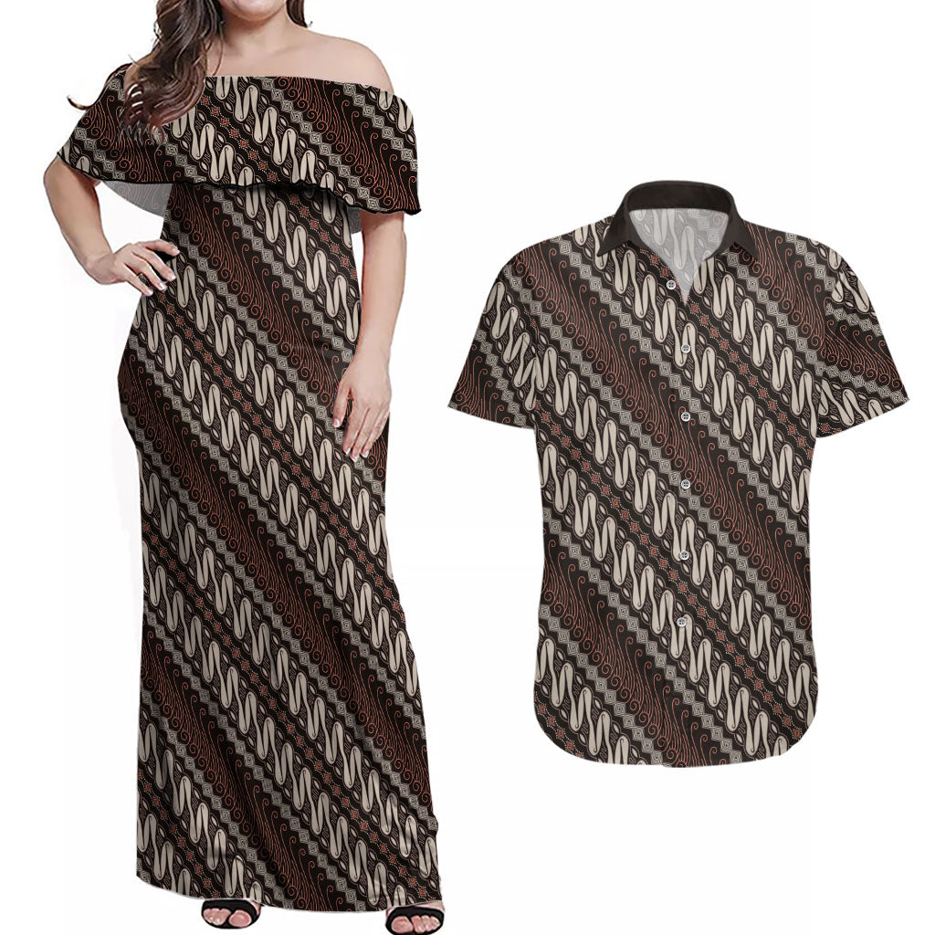 Yogyakarta Parang Batik Motifs Couples Matching Off Shoulder Maxi Dress and Hawaiian Shirt Indonesian Traditional Pattern LT01 Brown - Polynesian Pride