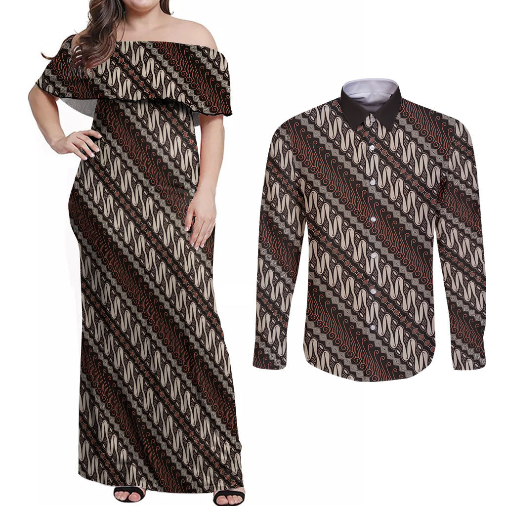Yogyakarta Parang Batik Motifs Couples Matching Off Shoulder Maxi Dress and Long Sleeve Button Shirt Indonesian Traditional Pattern