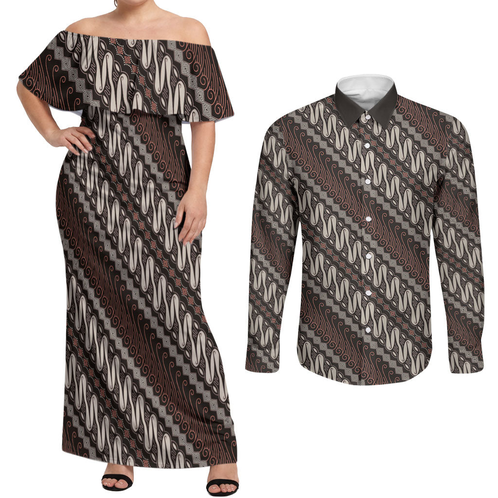 Yogyakarta Parang Batik Motifs Couples Matching Off Shoulder Maxi Dress and Long Sleeve Button Shirt Indonesian Traditional Pattern LT01 Brown - Polynesian Pride
