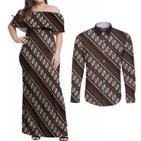 Yogyakarta Parang Batik Motifs Couples Matching Off Shoulder Maxi Dress and Long Sleeve Button Shirt Indonesian Traditional Pattern