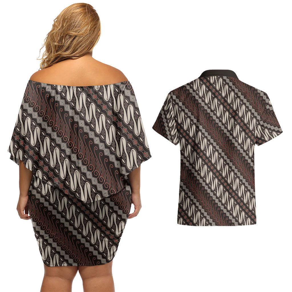 Yogyakarta Parang Batik Motifs Couples Matching Off Shoulder Short Dress and Hawaiian Shirt Indonesian Traditional Pattern LT01 - Polynesian Pride