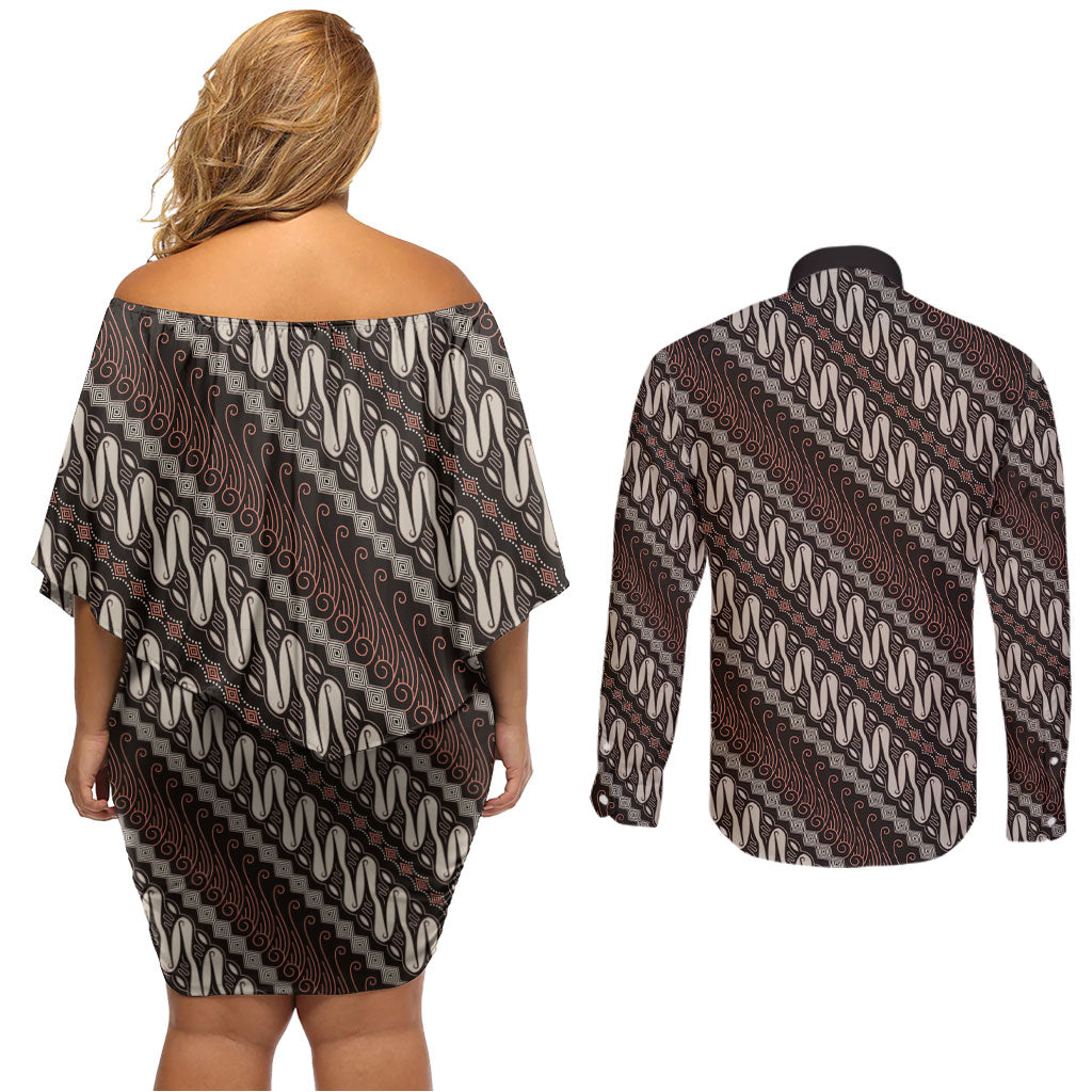 Yogyakarta Parang Batik Motifs Couples Matching Off Shoulder Short Dress and Long Sleeve Button Shirt Indonesian Traditional Pattern LT01 - Polynesian Pride