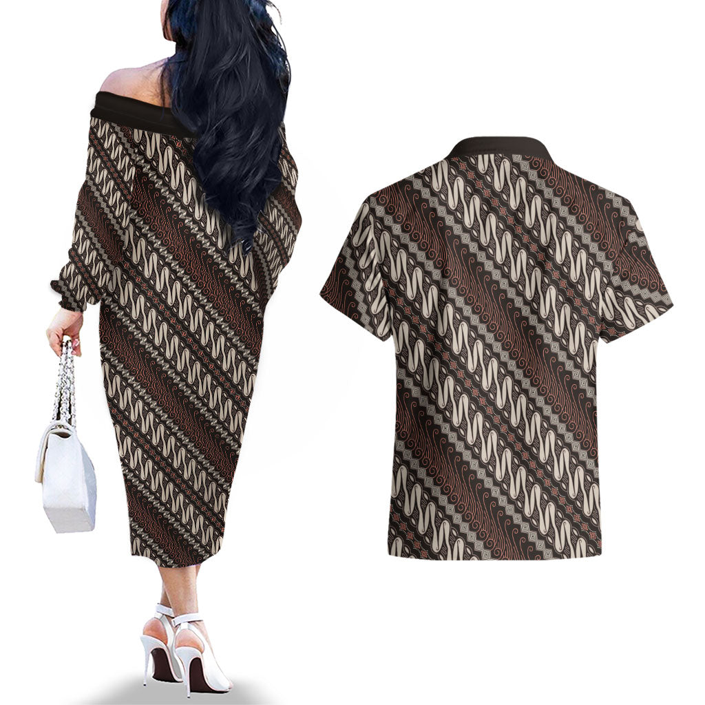 Yogyakarta Parang Batik Motifs Couples Matching Off The Shoulder Long Sleeve Dress and Hawaiian Shirt Indonesian Traditional Pattern LT01 - Polynesian Pride