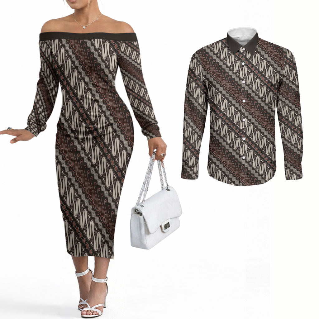 Yogyakarta Parang Batik Motifs Couples Matching Off The Shoulder Long Sleeve Dress and Long Sleeve Button Shirt Indonesian Traditional Pattern LT01 Brown - Polynesian Pride