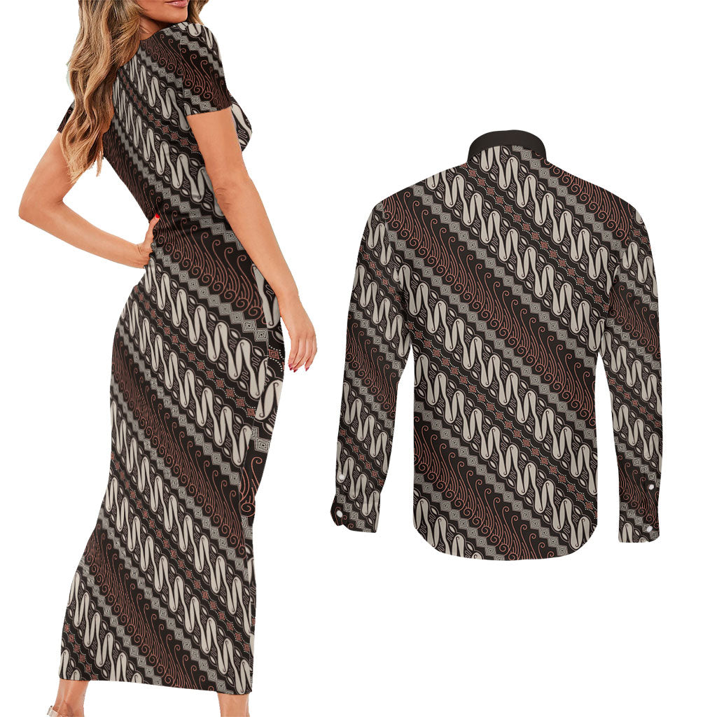 Yogyakarta Parang Batik Motifs Couples Matching Short Sleeve Bodycon Dress and Long Sleeve Button Shirt Indonesian Traditional Pattern LT01 - Polynesian Pride