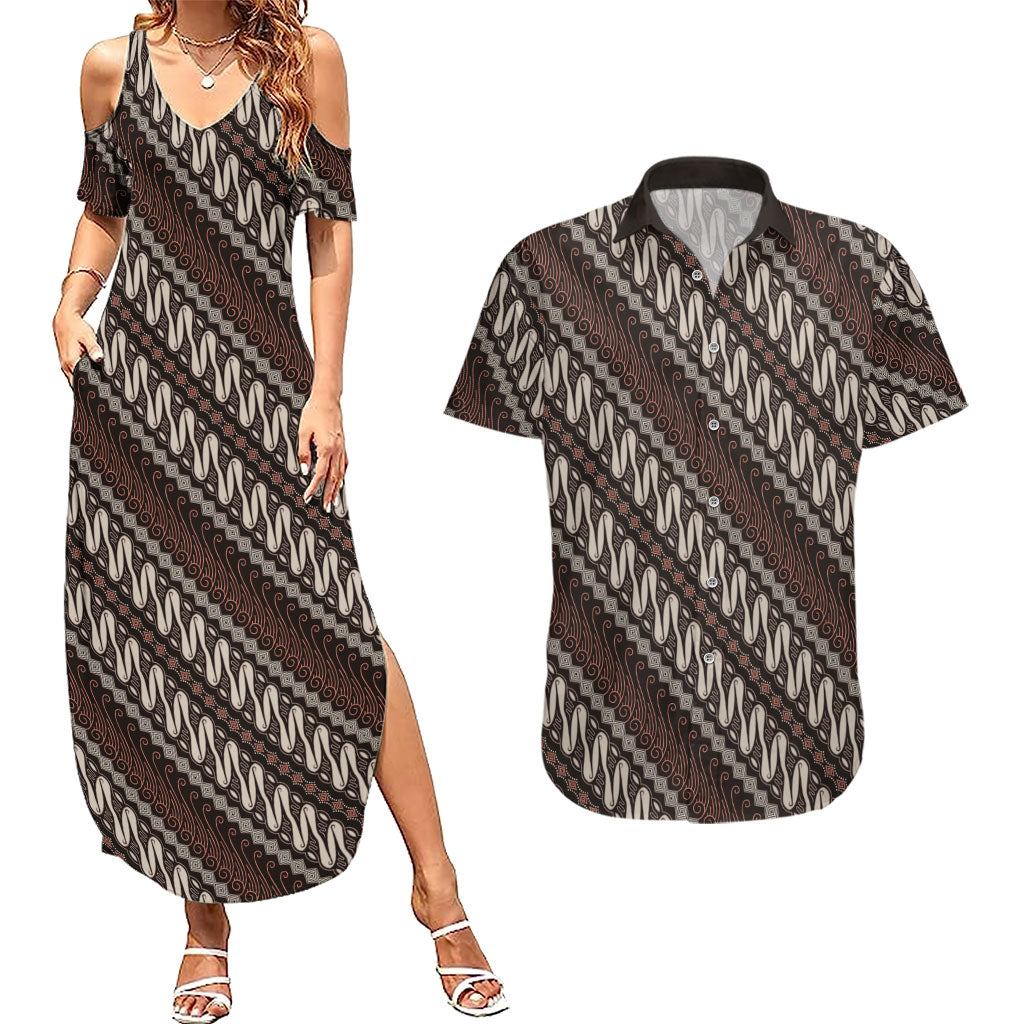 Yogyakarta Parang Batik Motifs Couples Matching Summer Maxi Dress and Hawaiian Shirt Indonesian Traditional Pattern LT01 Brown - Polynesian Pride