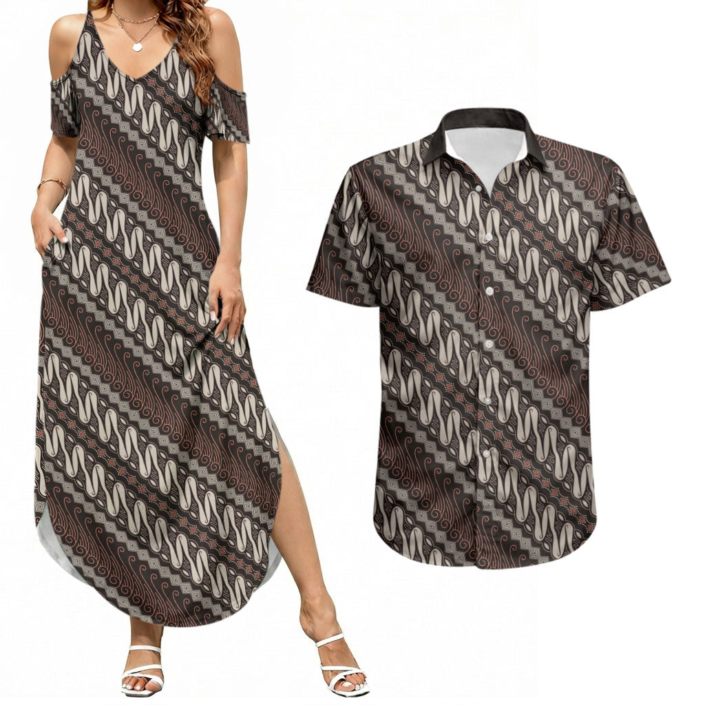 Yogyakarta Parang Batik Motifs Couples Matching Summer Maxi Dress and Hawaiian Shirt Indonesian Traditional Pattern LT01 Brown - Polynesian Pride
